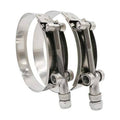 4-inch T-bolt hose clamp, stainless steel band with black band insert and bolts