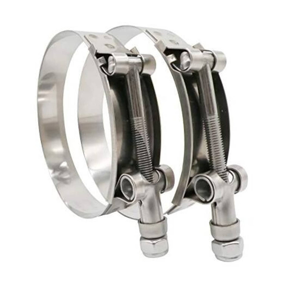 4-inch T-bolt hose clamp, stainless steel band with black band insert and bolts