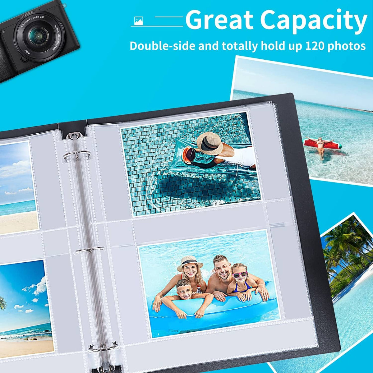 3-ring binder photo sleeves with two-sided pockets holding multiple 4x6 photos