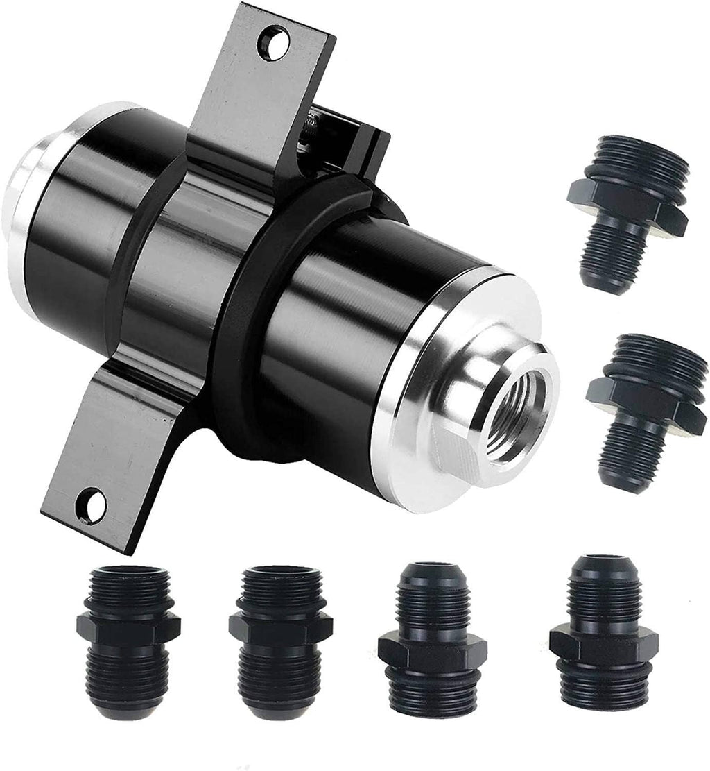 Inline fuel filter with mounting bracket and silver ports, plus black AN fitting adapters
