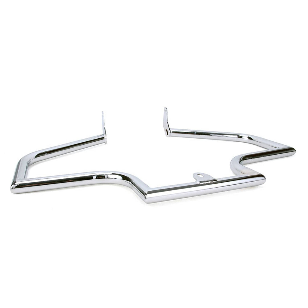 Chrome engine guard crash bar, angled protective frame with side mounting tabs