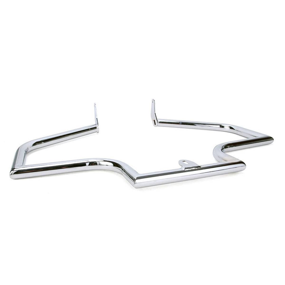 Chrome engine guard crash bar, angled protective frame with side mounting tabs