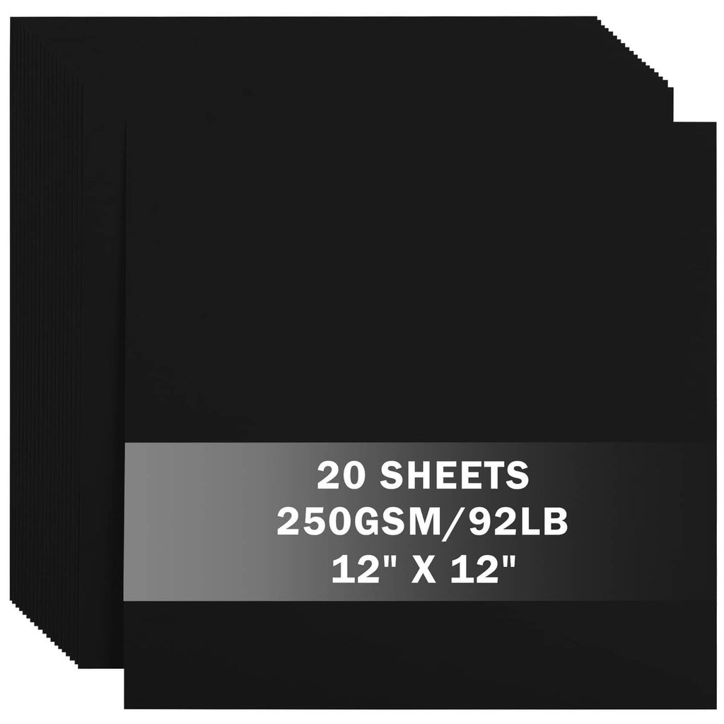 Black cardstock sheets, 12"x12" pack showing 20 sheets and 250GSM/92lb.