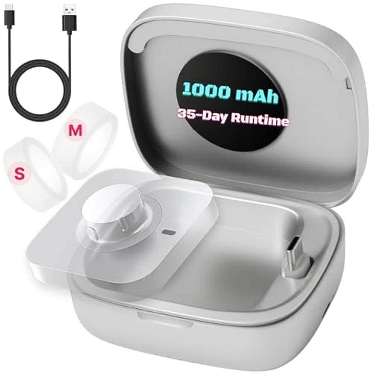 Portable wireless charging case, open with charging cradle and two ring protectors