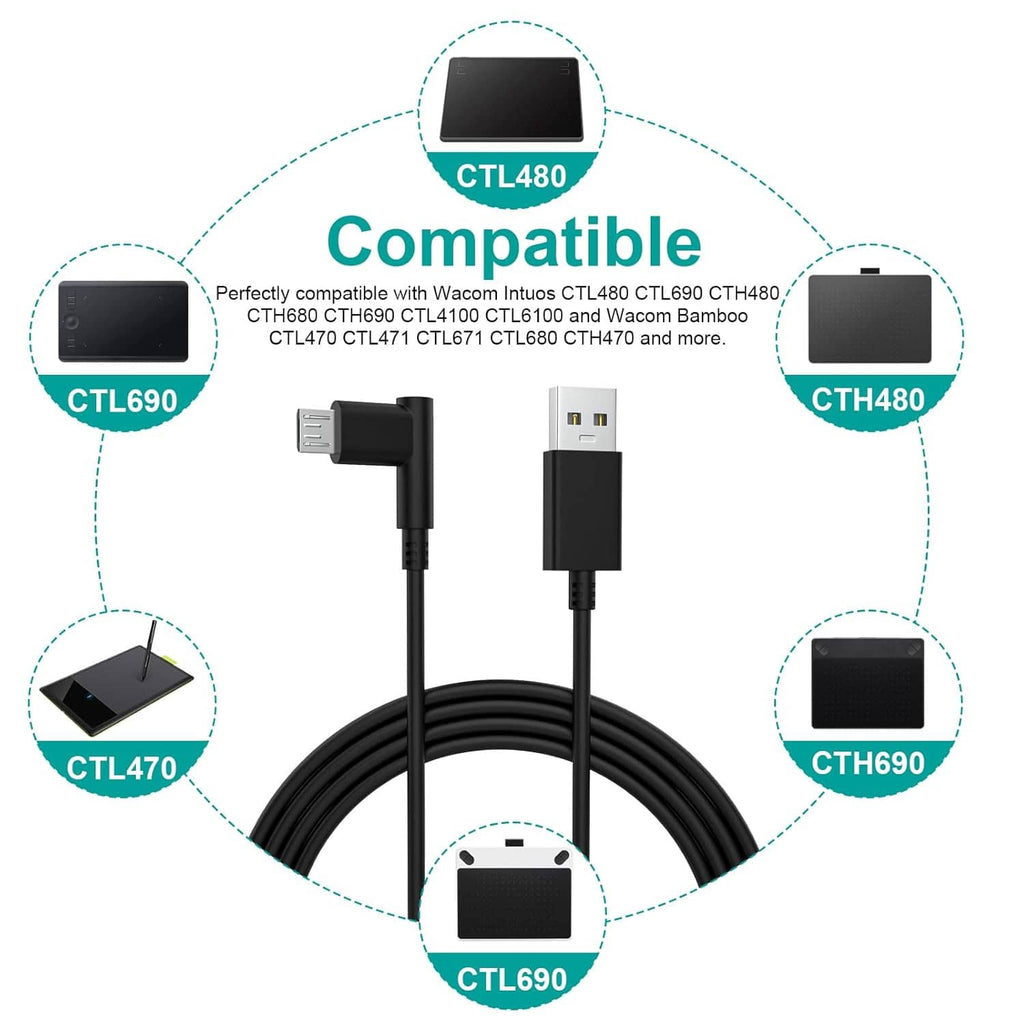 Micro USB cable with compatible device connectors shown in graphic compatibility layout.