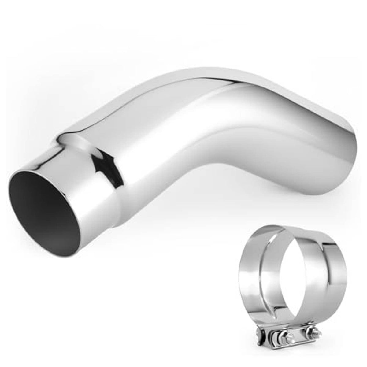 Universal silver exhaust elbow tip showing curved flange and clamp attachment