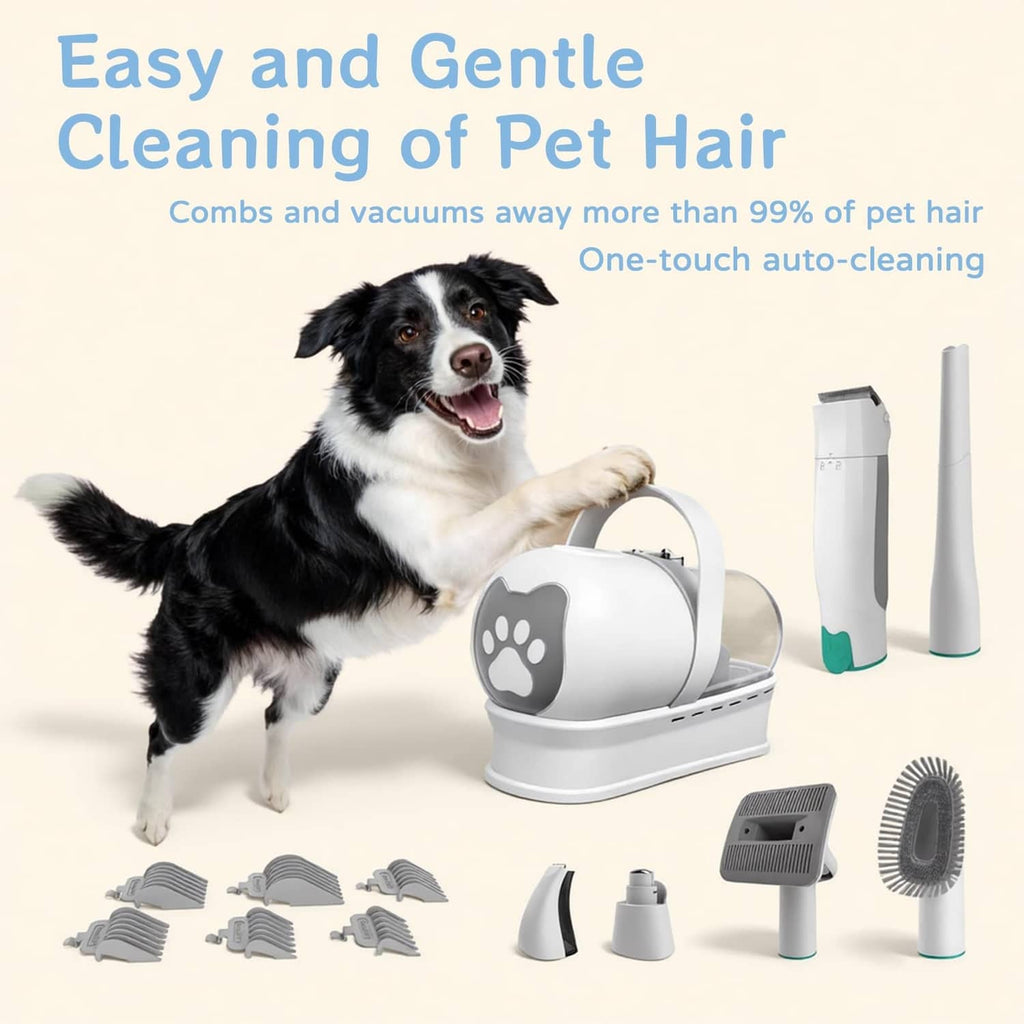White pet grooming vacuum kit with auto-cleaning base and multiple trimming comb heads