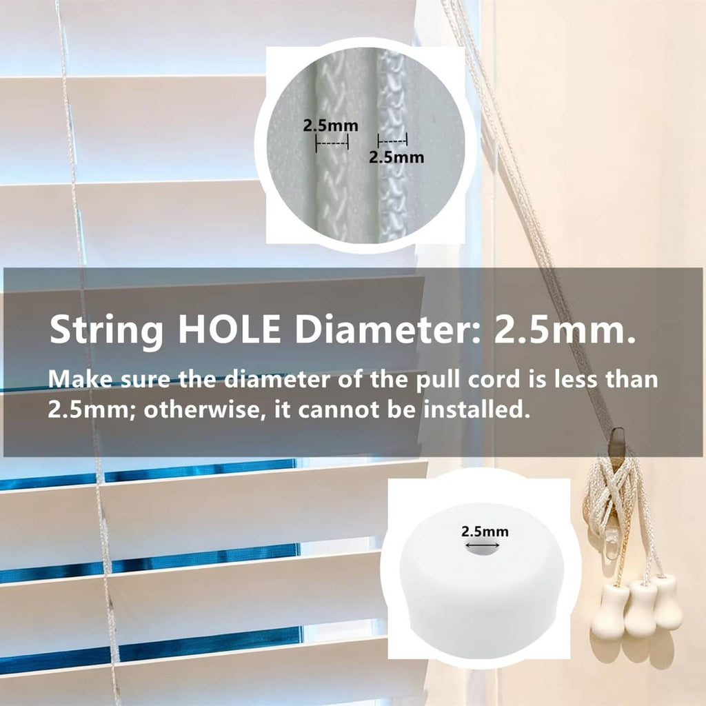 White plastic blind cord tassel knob with 2.5mm string hole detail