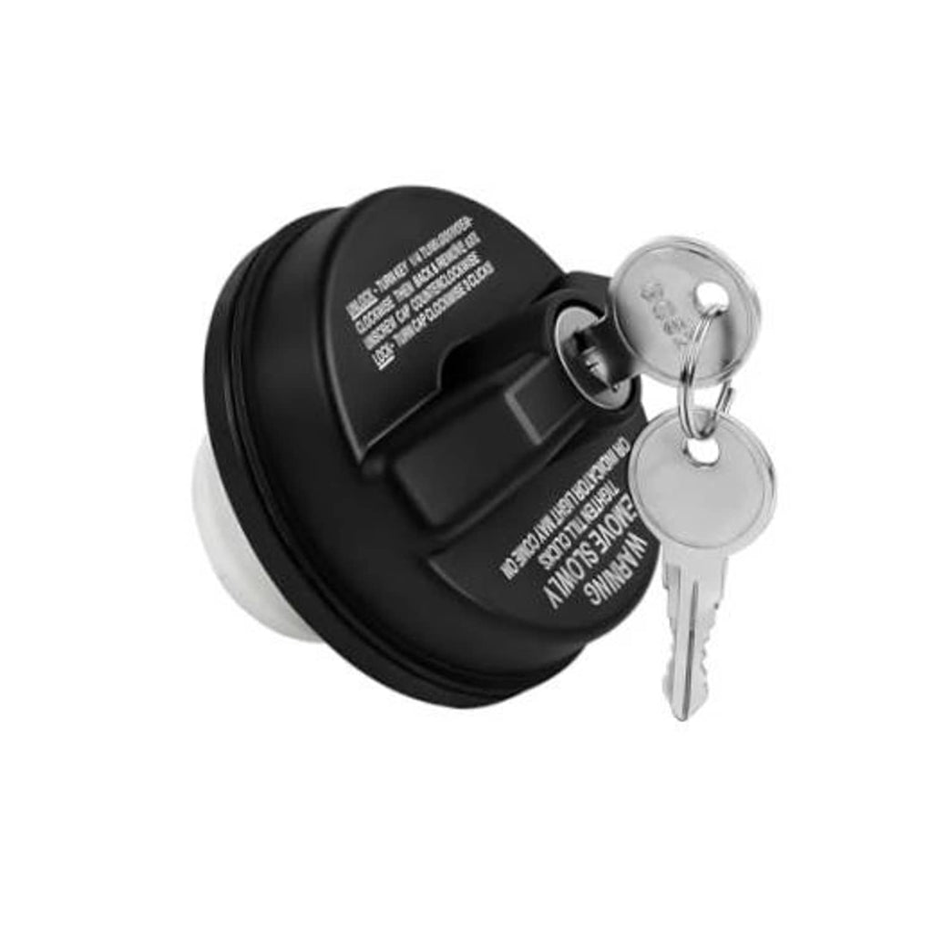 Black locking fuel tank gas cap with silver key cylinder and two metal keys