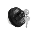 Black locking fuel tank gas cap with silver key cylinder and two metal keys