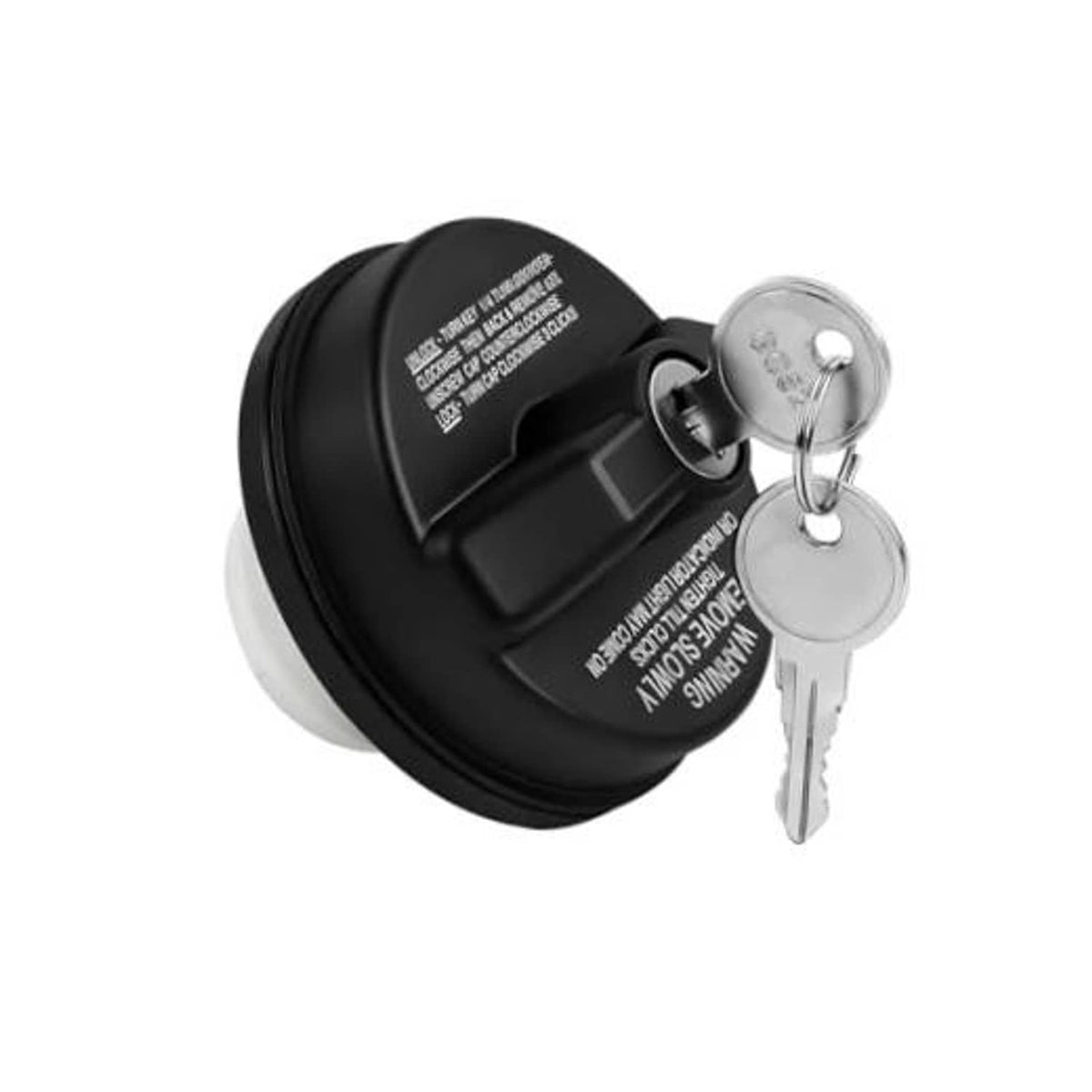 Black locking fuel tank gas cap with silver key cylinder and two metal keys