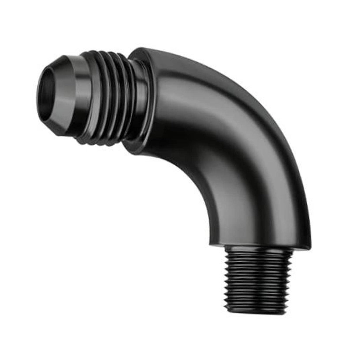 Black 90° AN to 1/8 NPT male elbow fitting with flared AN end and NPT threads