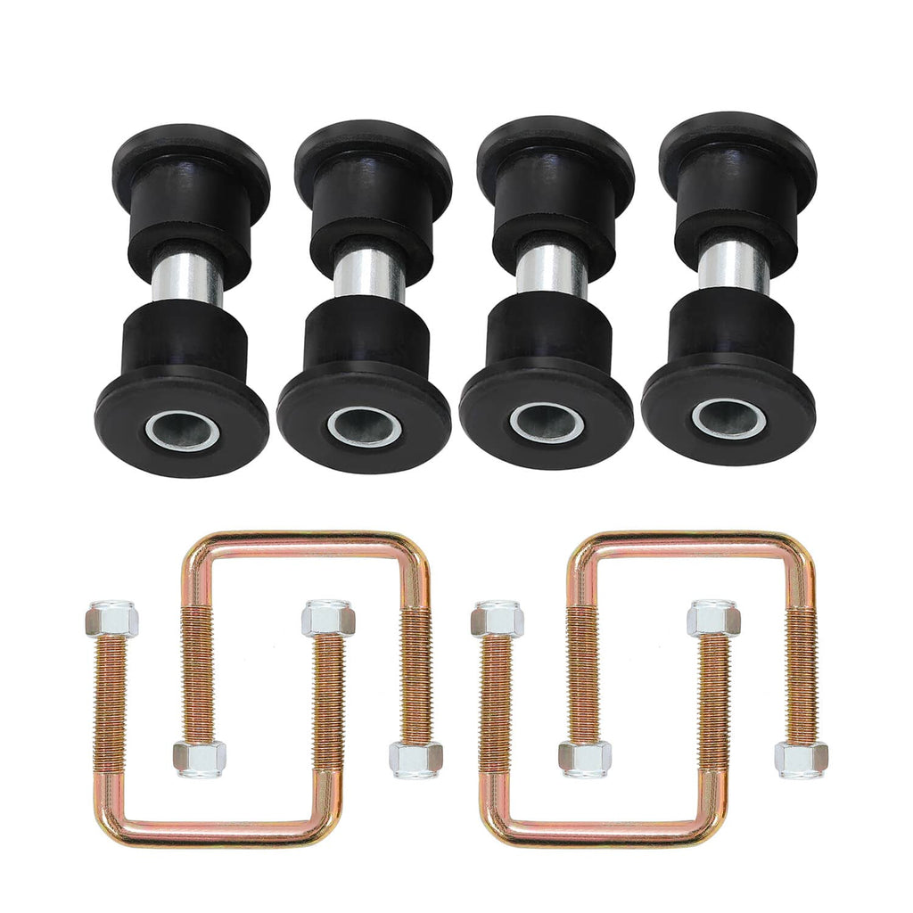 Rear leaf spring bushing kit with black bushings, copper U-bolts, and hardware