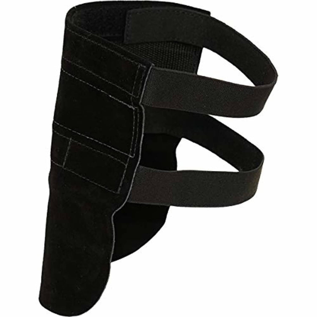 Black leather knee pad with two strap loops and stitched panel