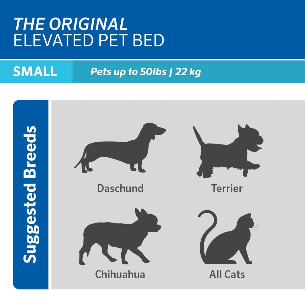 Infographic for a small elevated pet bed, showing dog breed silhouettes