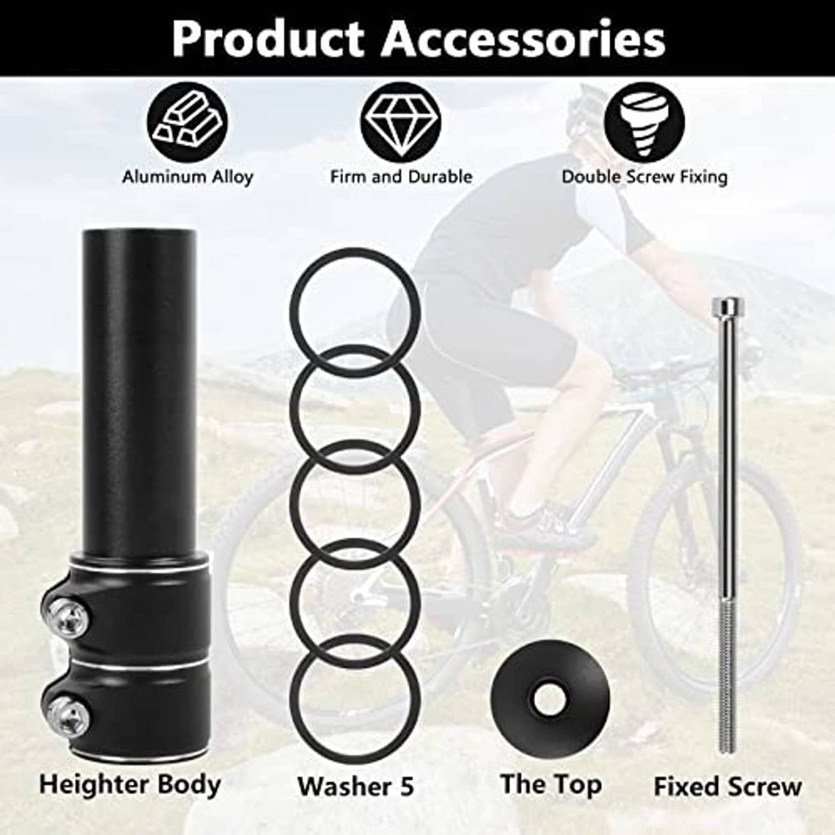 Black handlebar riser extender body with washers and top screw parts