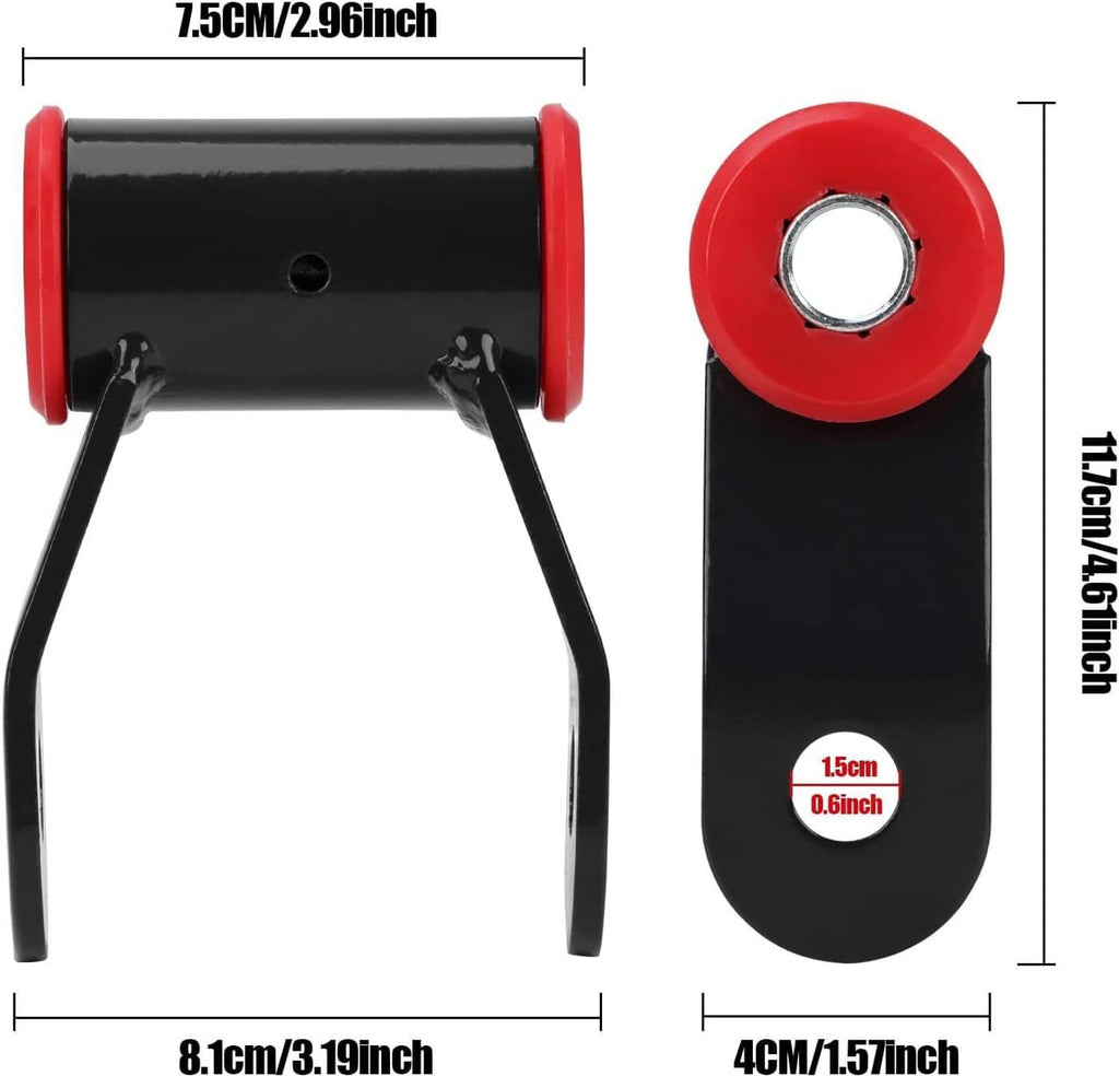 Rear lift shackles with red and black struts, mounting holes, and size markings