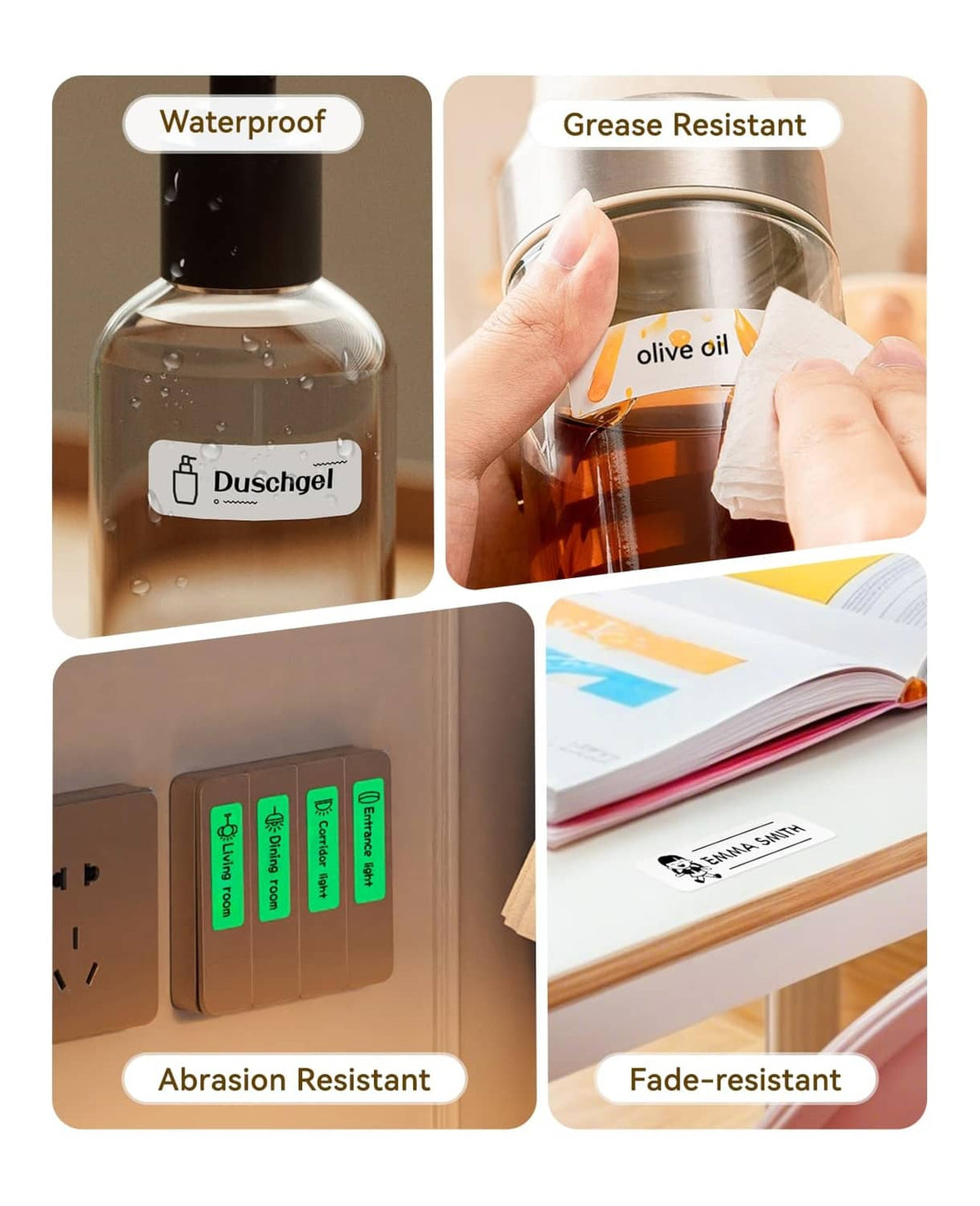 Durable label stickers marked waterproof, grease-resistant, abrasion- and fade-resistant
