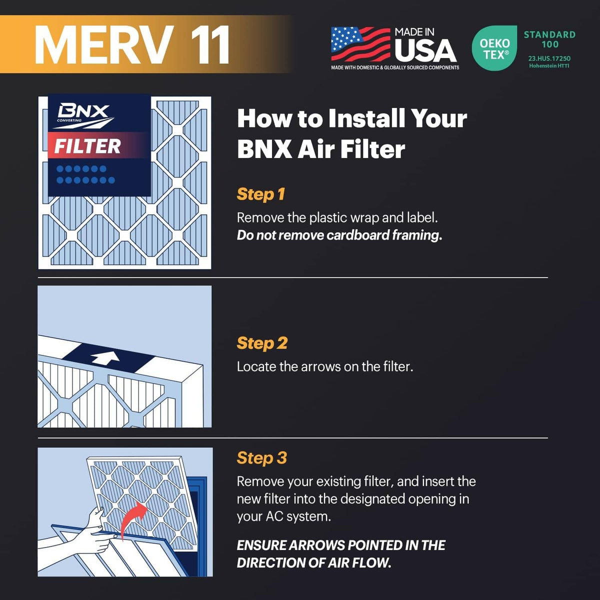 How to install BNX air filter, step-by-step arrows showing wrap removal and placement.