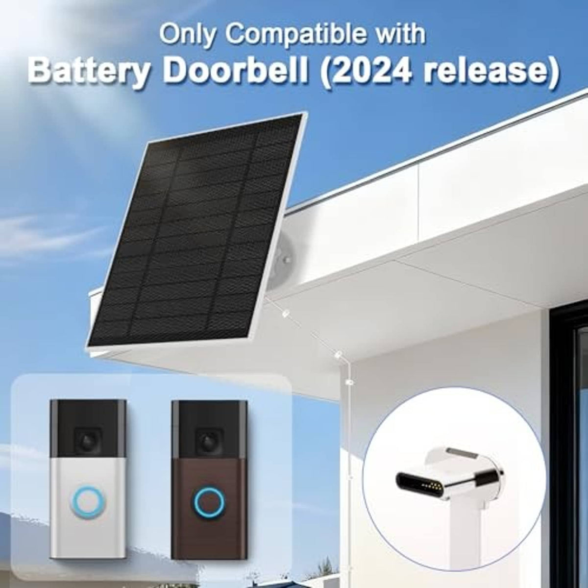 Solar panel kit with black panel and compact doorbell battery unit