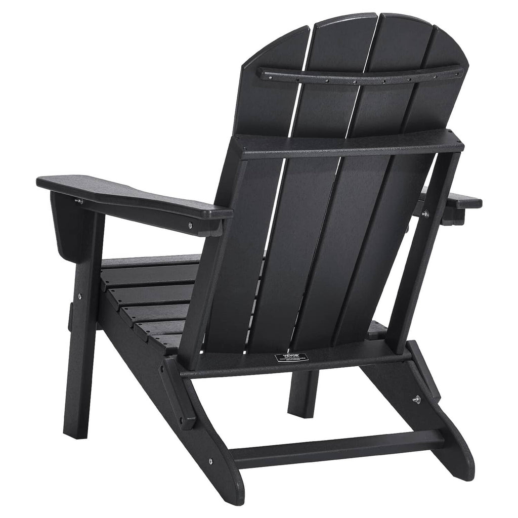 Black folding Adirondack patio chair with slatted back and curved seat, angled side view