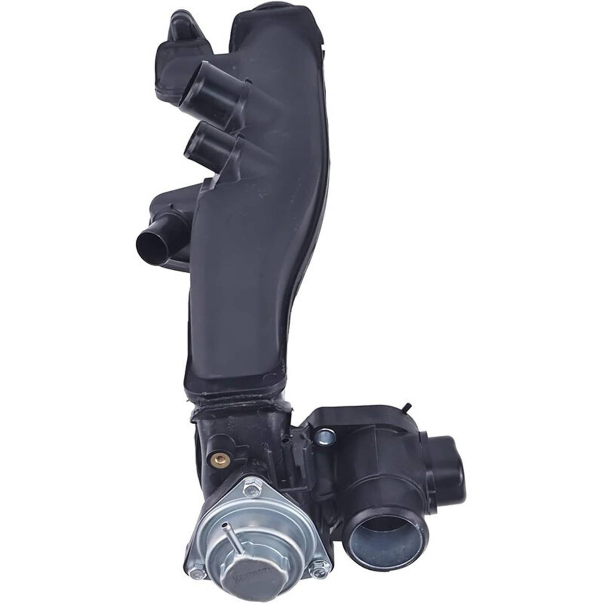 Turbocharger charge air pipe joint with curved black duct and side connector ports