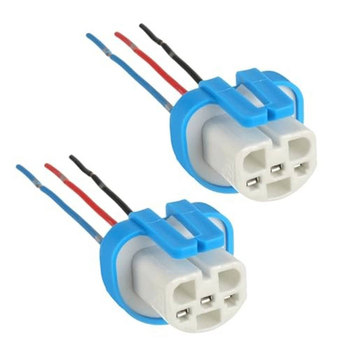 Two 3-pin headlight connector plugs with blue housings and red, black, and blue wires