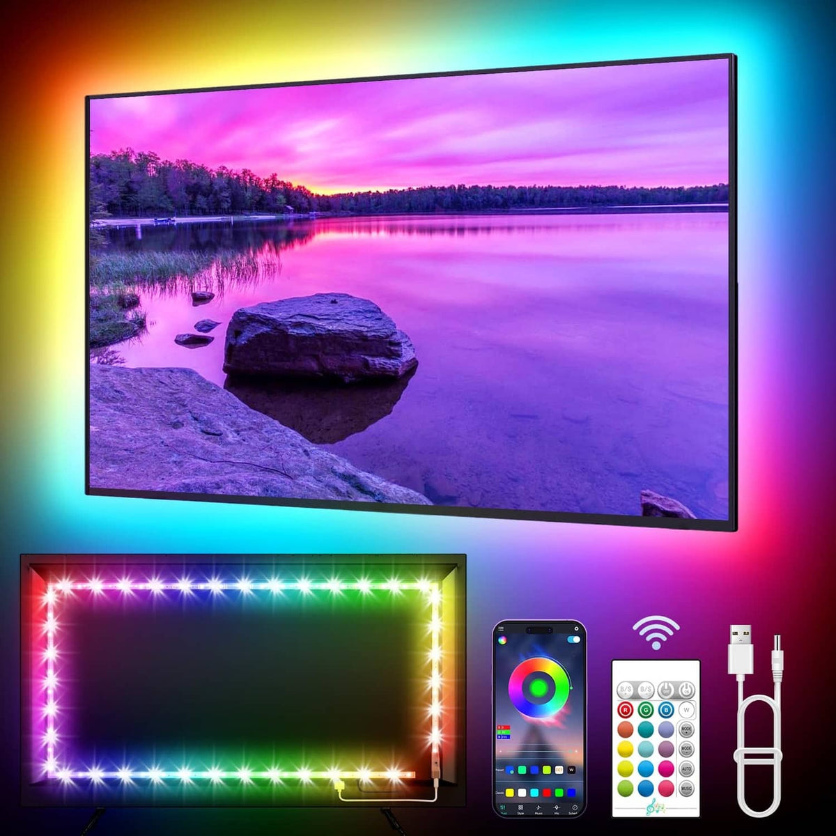 Multicolor LED TV light strip with bright RGB glow along TV edges