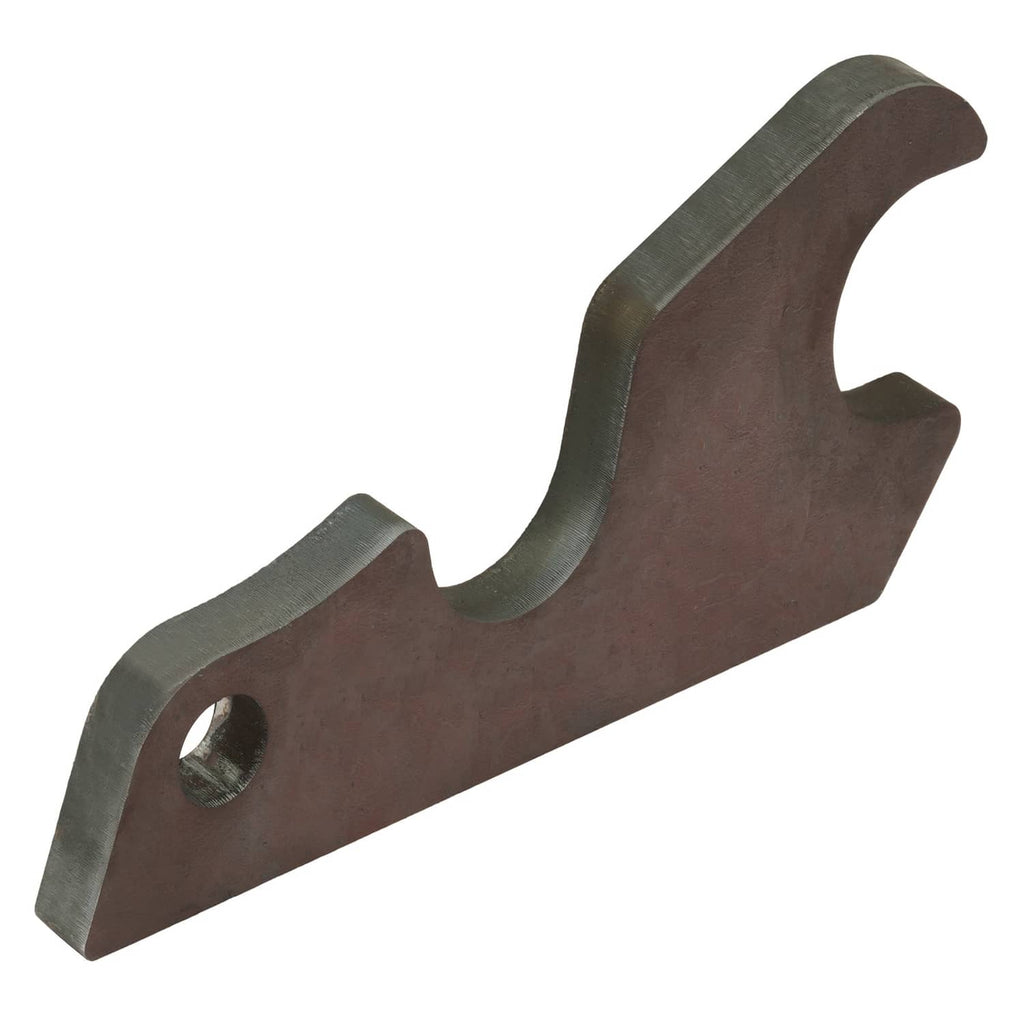 Bucket ears steel attachment bracket, brown metal with side slot and rounded pin opening
