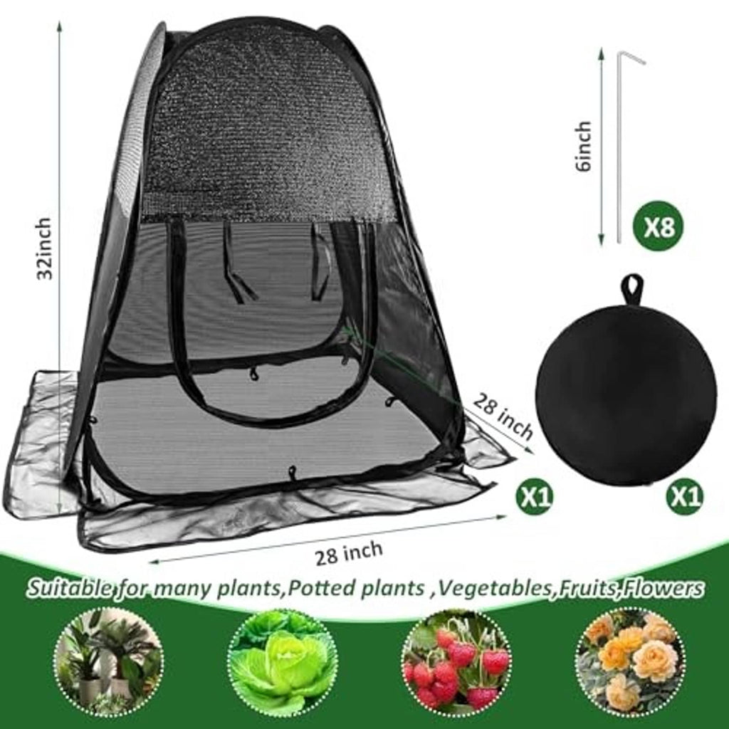 Black mesh plant shade tent with zipped front opening, dome canopy, and round cover
