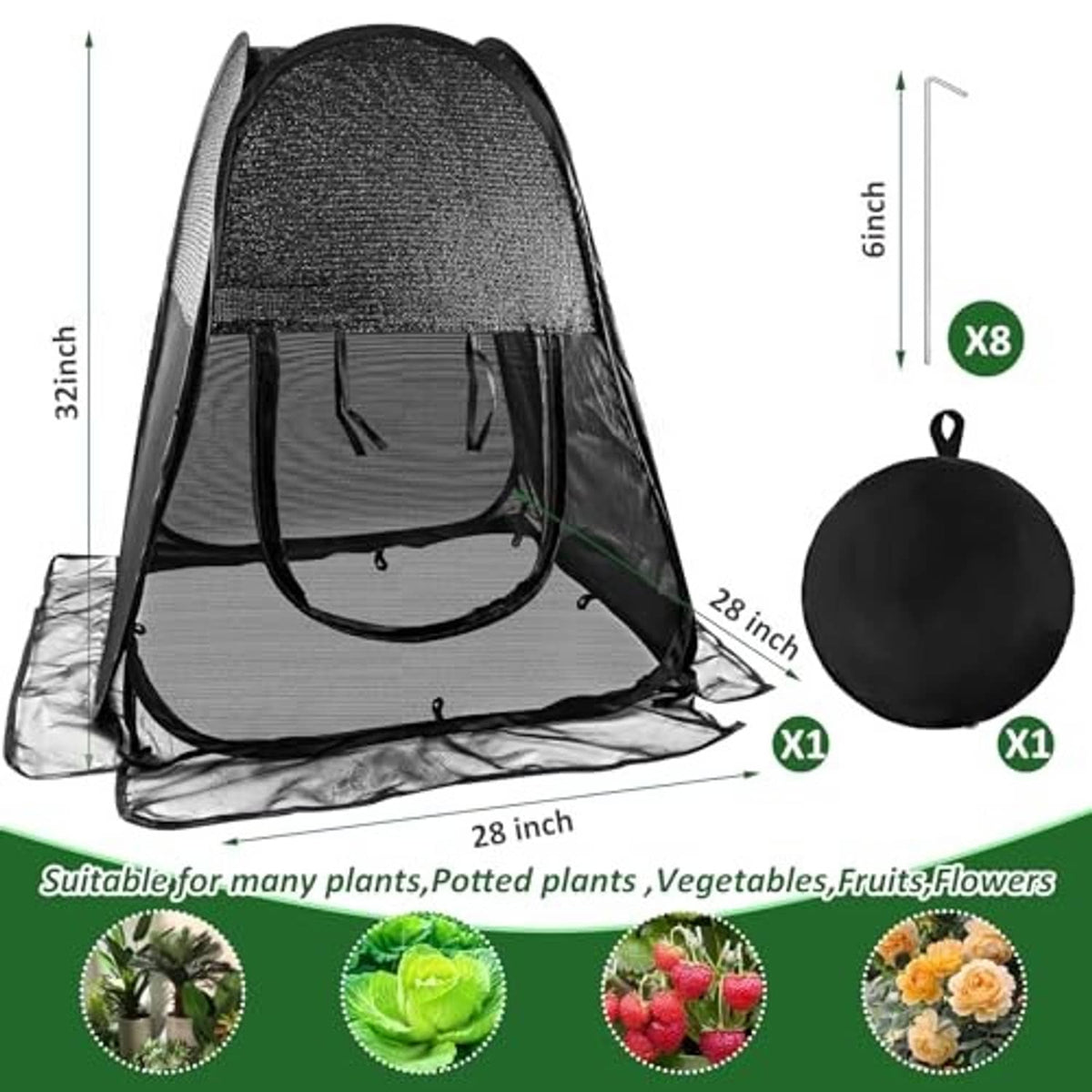 Black mesh plant shade tent with zipped front opening, dome canopy, and round cover