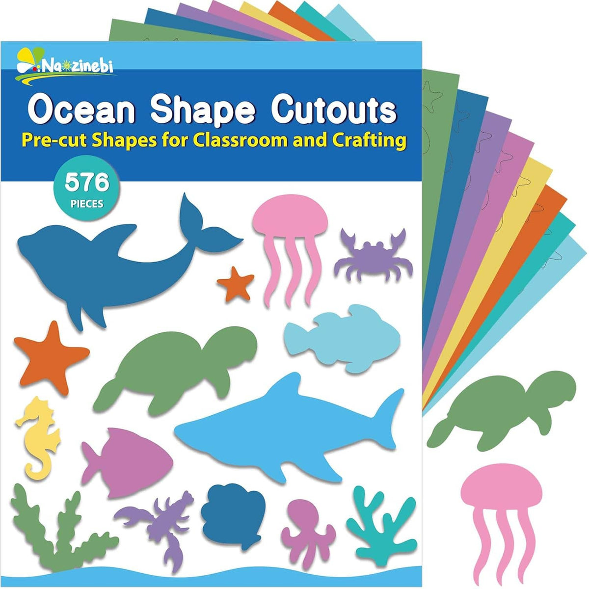 Ocean shape cutouts packaging with layered colored cutout sheets peeking from the side