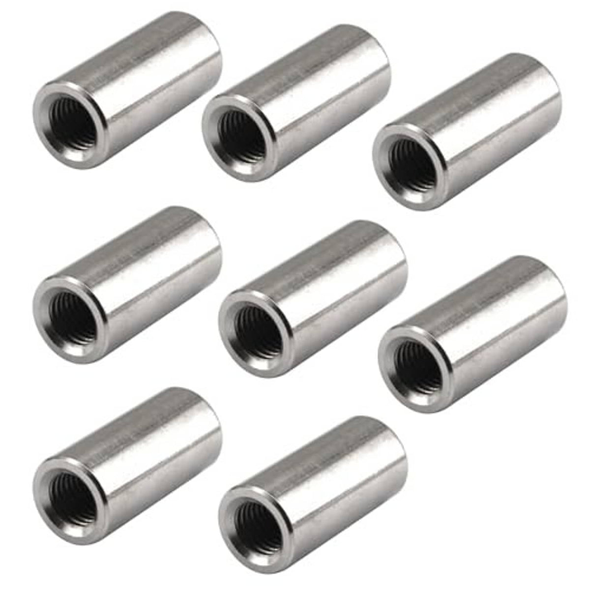 Round stainless steel sleeve nuts with internal threads, multiple pcs shown