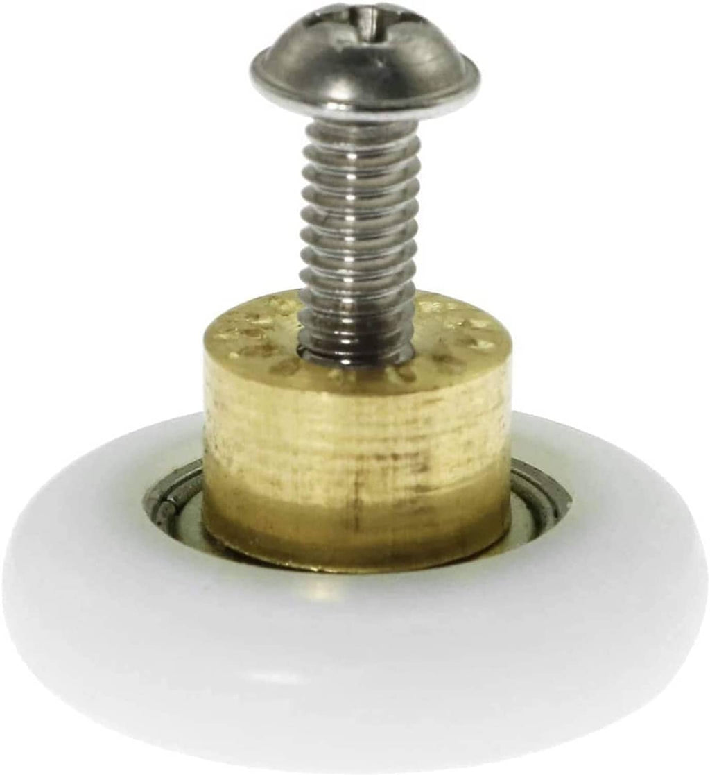 Shower door roller wheel with brass base and silver threaded mounting screw