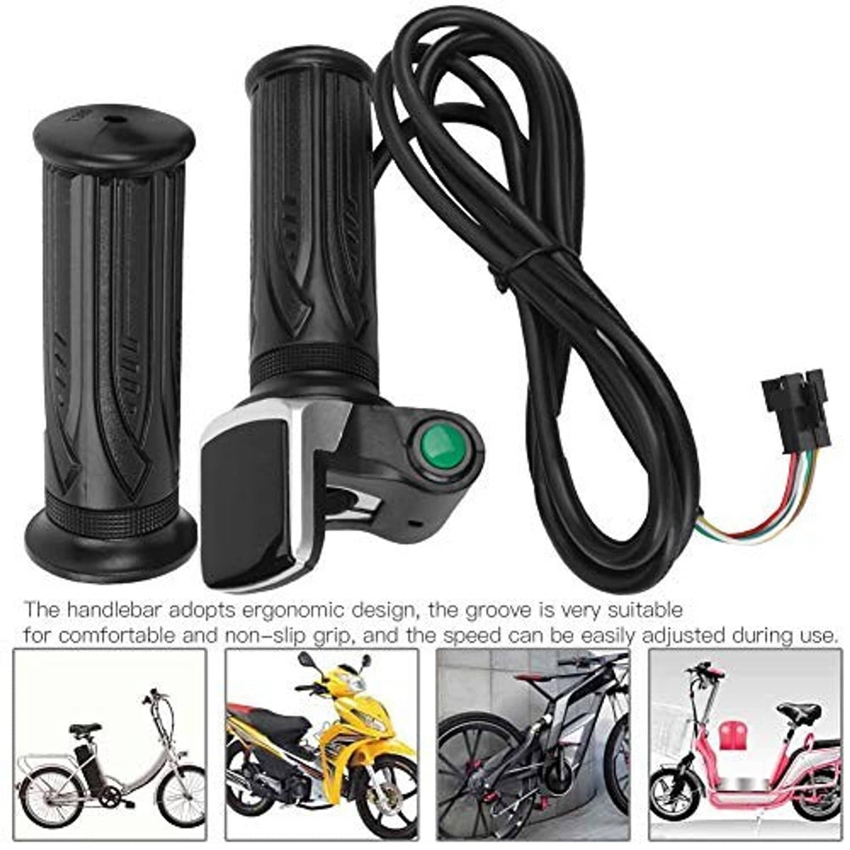 Electric throttle grip kit with two black handlebar grips, control switch, and cable