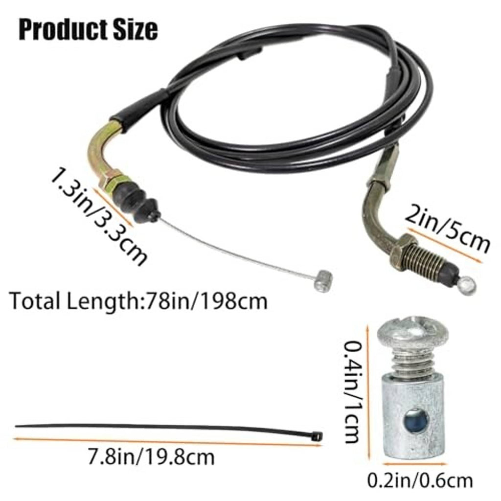 Throttle cable set showing total length and end fittings; black housing and steel wire
