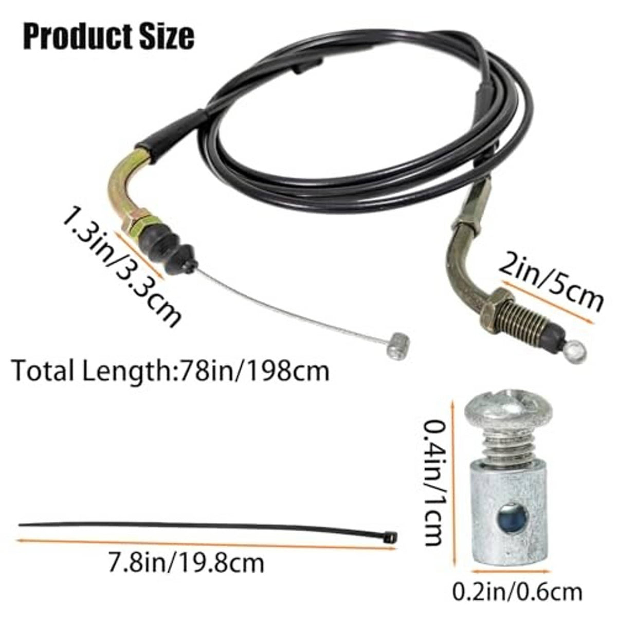 Throttle cable set showing total length and end fittings; black housing and steel wire
