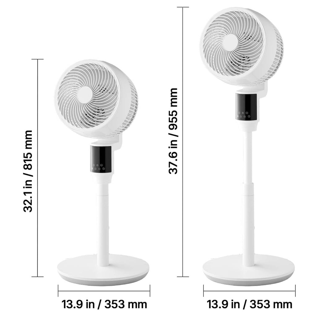 White pedestal fan with stand base and circular grille with height measurements