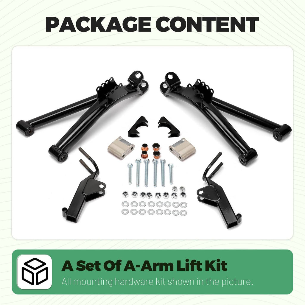 A-arm lift kit package content with black arms, brackets, spacers, and bolts