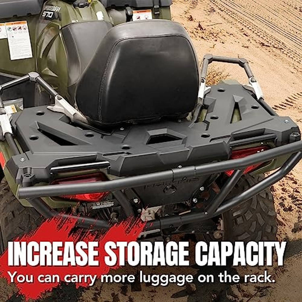 Rear cargo rack with black platform and steel guard rails on ATV
