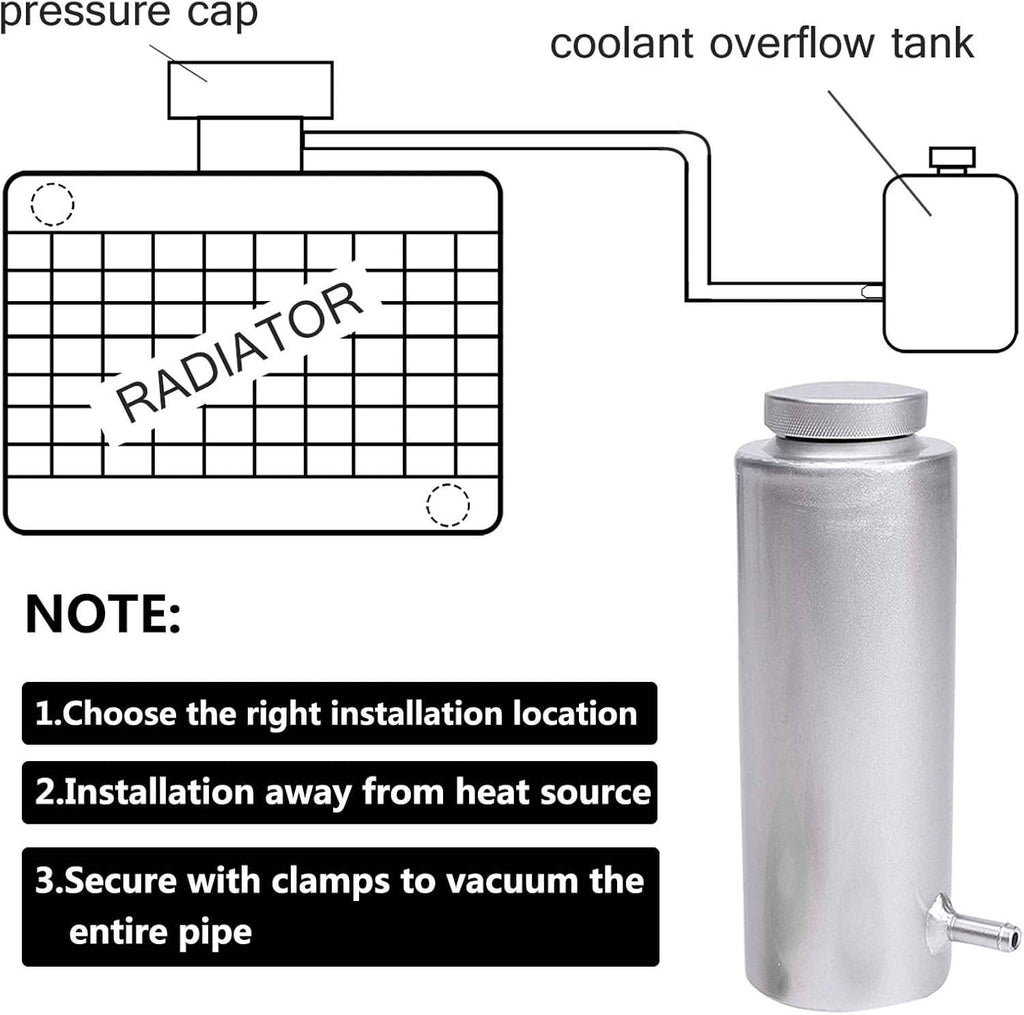 Aluminum coolant overflow tank with top pressure cap and outlet connection