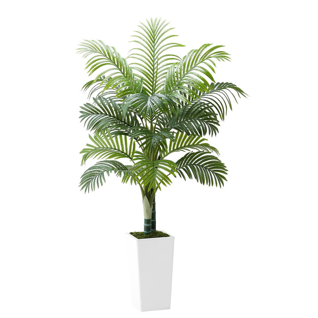 Faux areca palm tree with green fronds and a white square planter pot