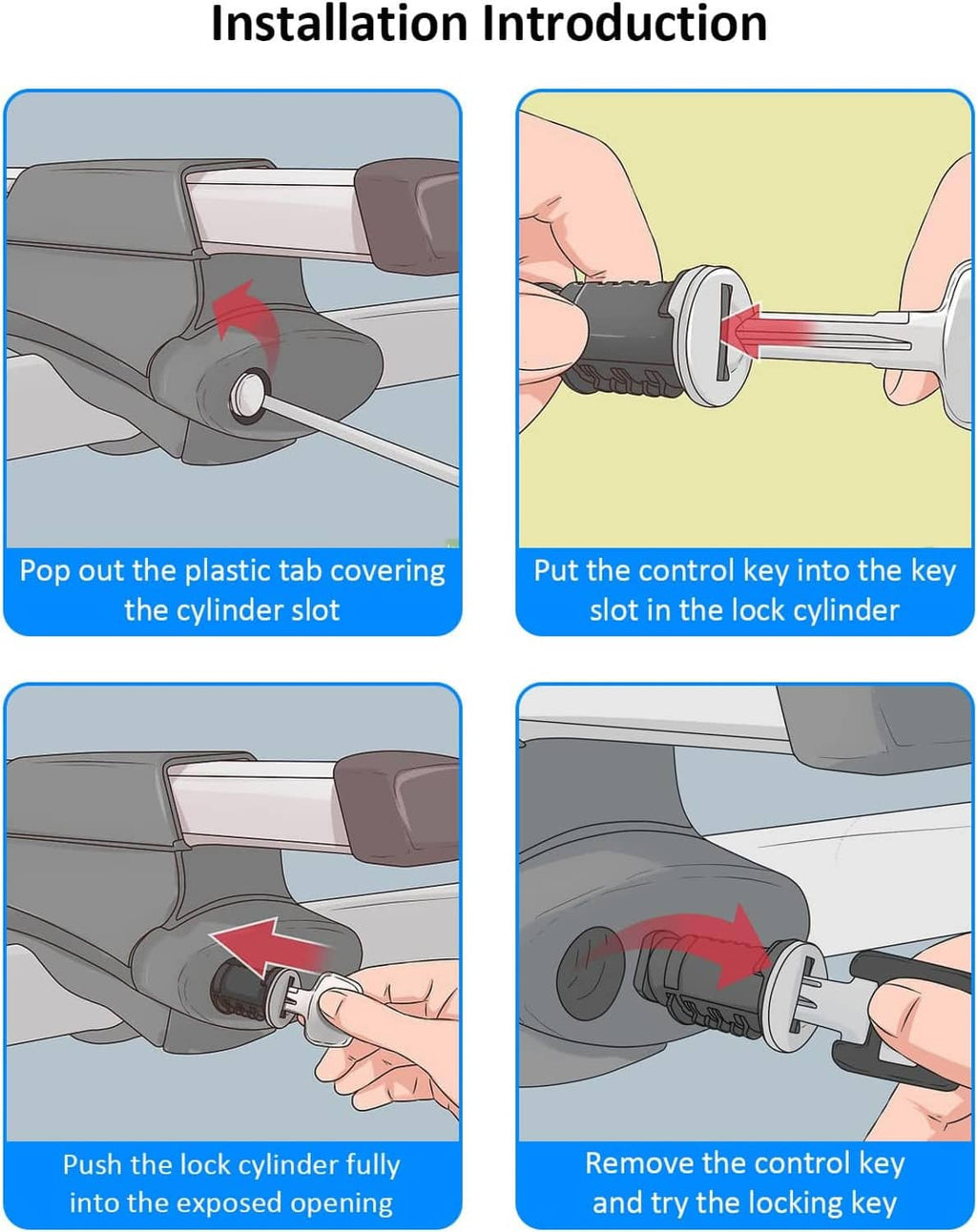 Installation steps showing lock cylinder with control key and open key