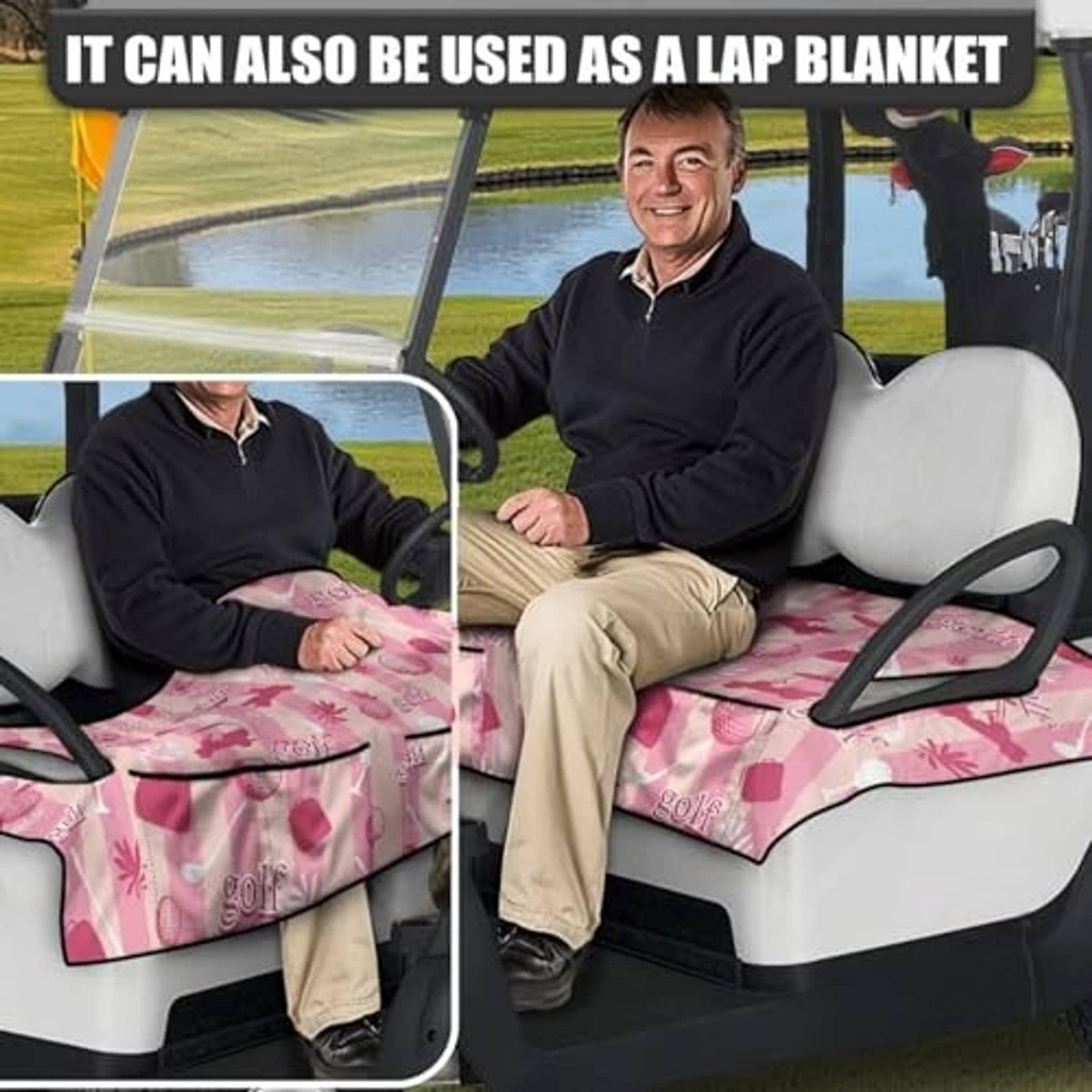 Pink golf cart seat cover towel with golf-themed pattern under a seated passenger