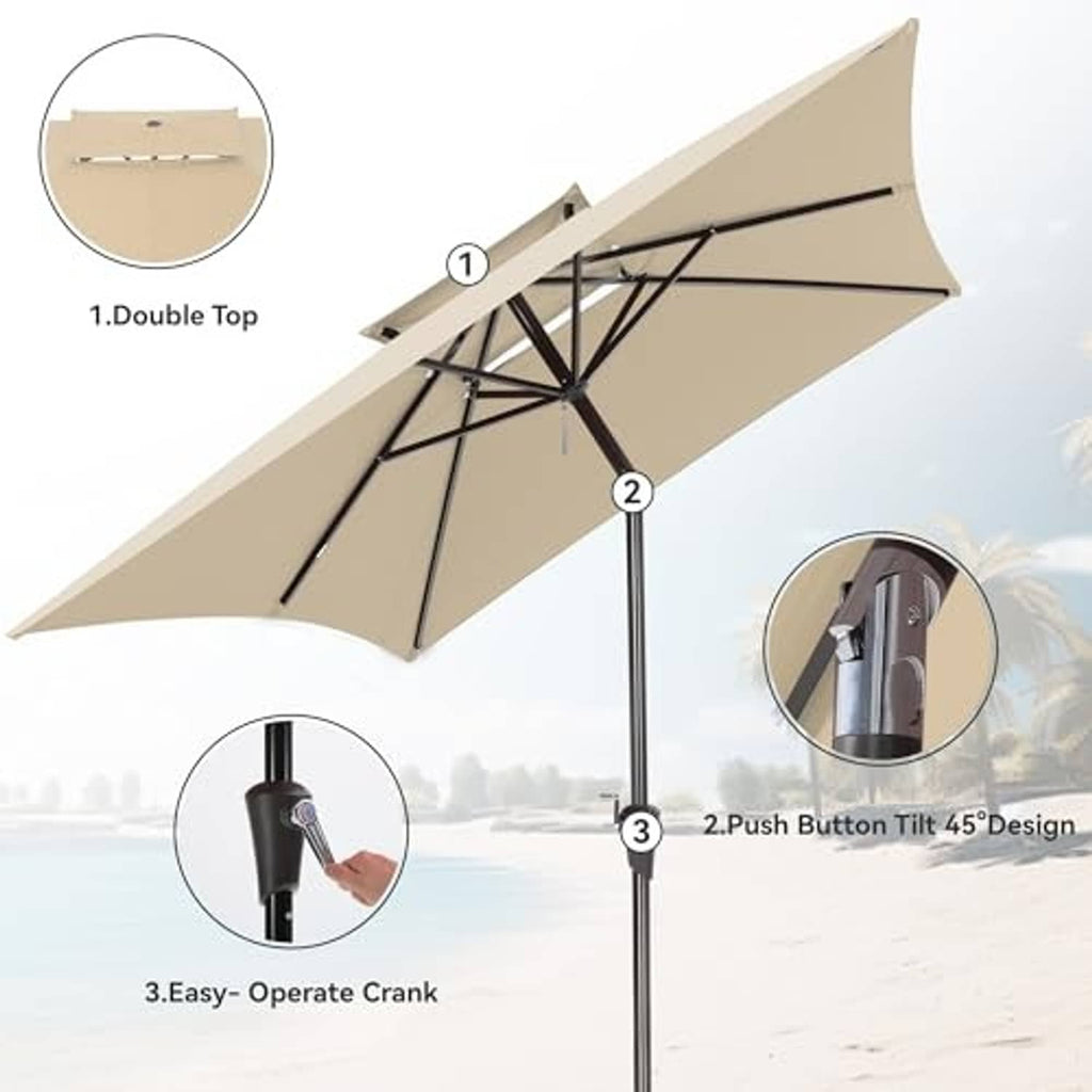 Beige rectangular double-top patio umbrella with push-button tilt and crank handle