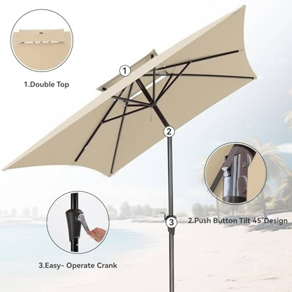 Beige rectangular double-top patio umbrella with push-button tilt and crank handle