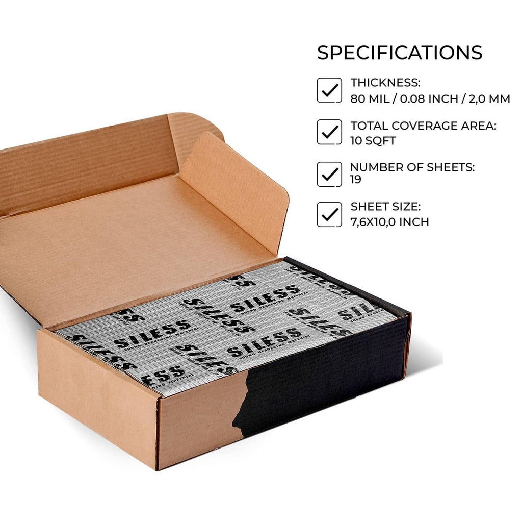 Car sound deadening mat sheets in a cardboard box with black backing layer