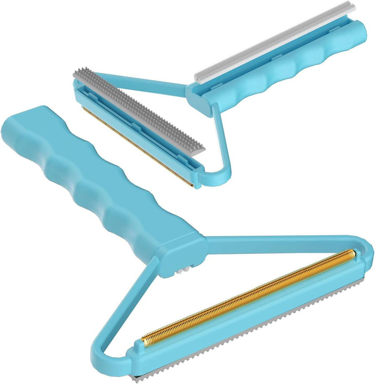 Blue pet hair remover rake with gold roller and toothed comb head