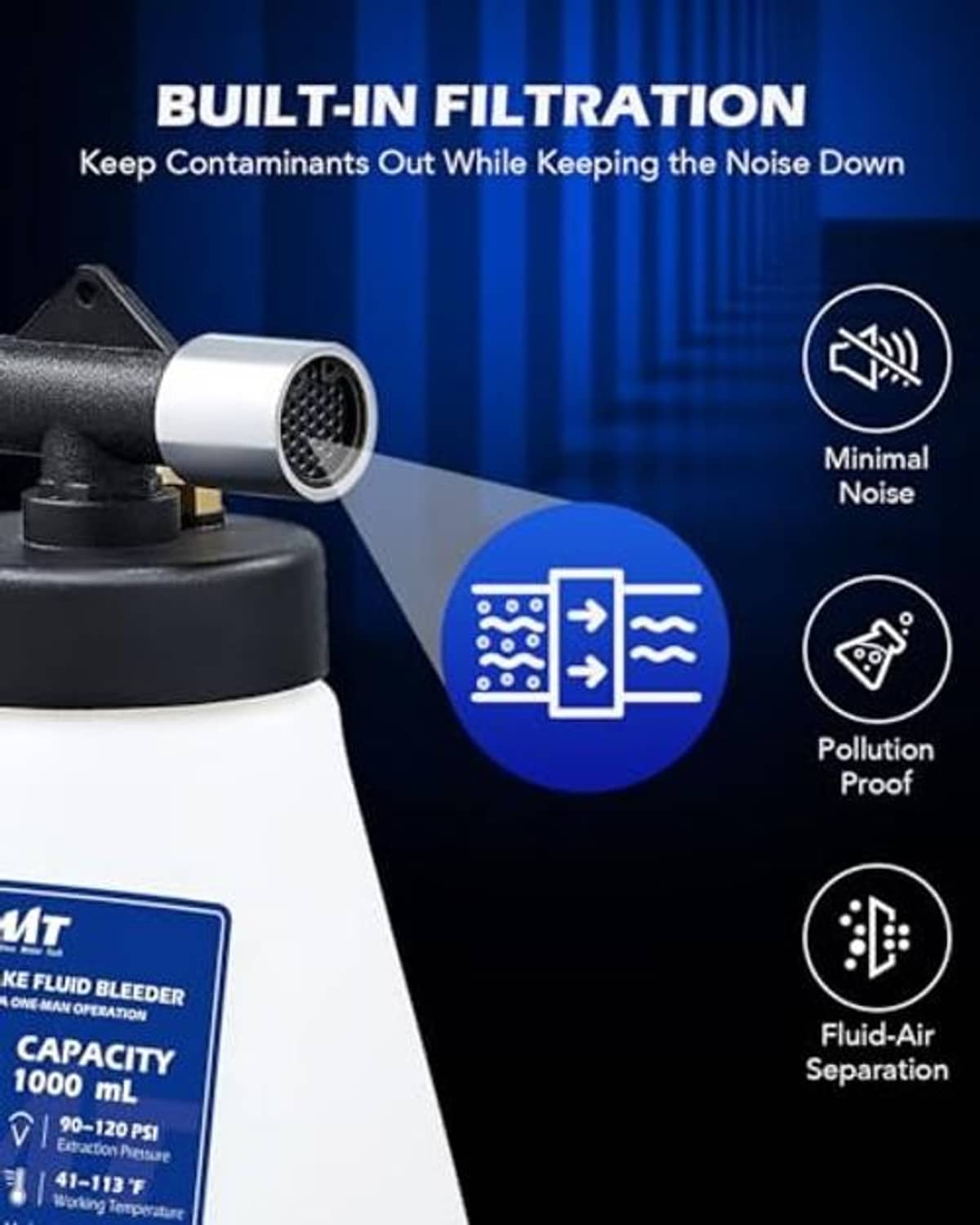 Brake bleeder filtration system diagram with white reservoir and noise-reduction concept
