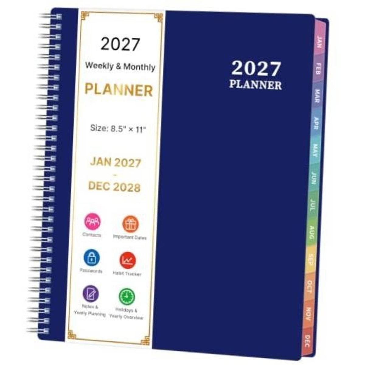 Closed blue 2027 weekly and monthly planner cover with size and date range panel.